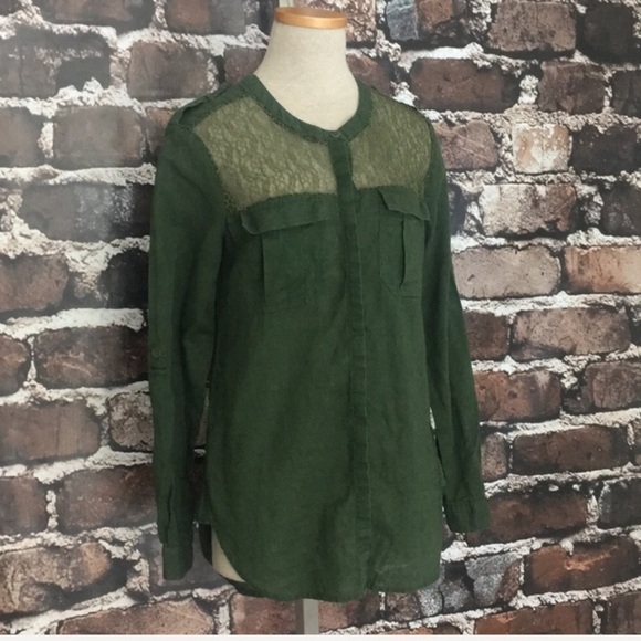Free People Top Shirt Linen Blouse Green Linen XS - Picture 6 of 8